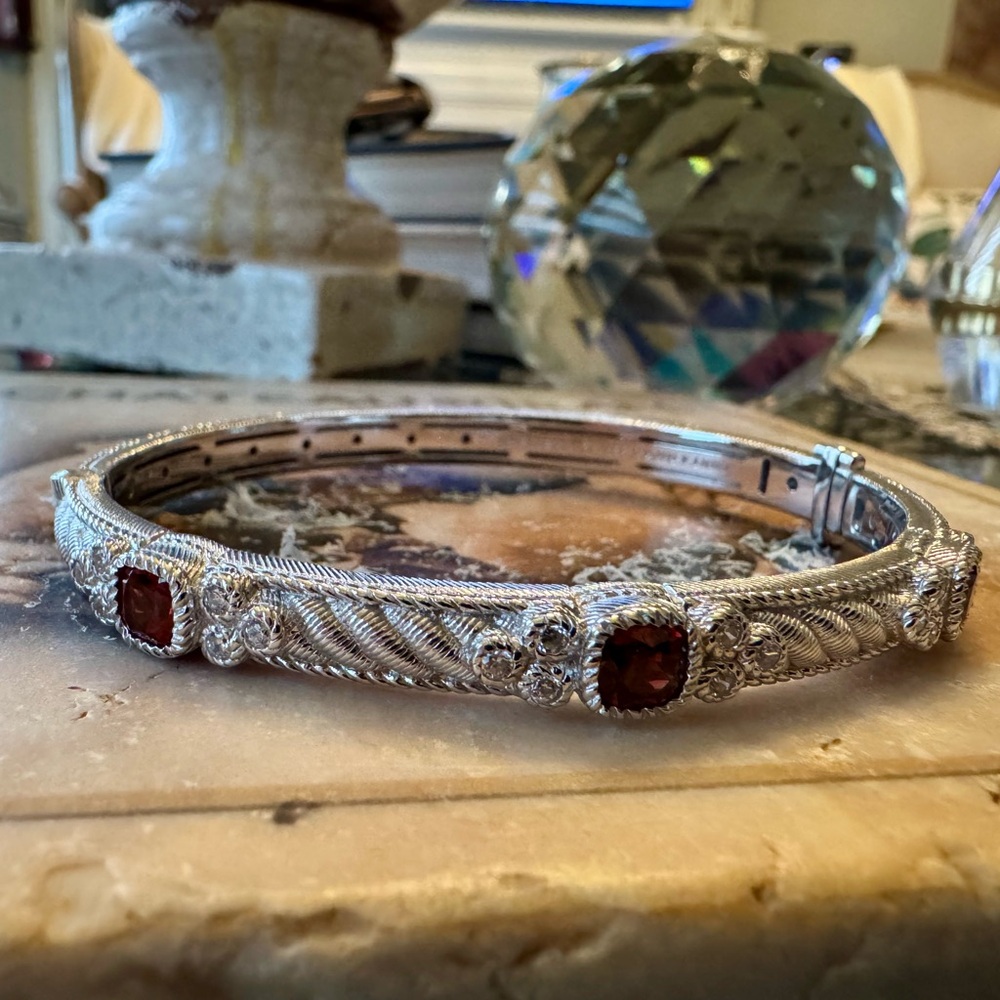 Judith Ripka Elegant Garnet and Crystal Silver Bangle 7” NWOT